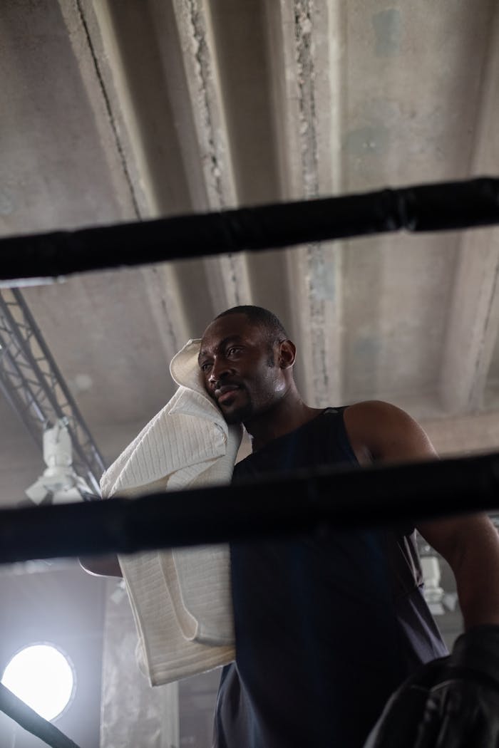 Tired athlete in boxing ring cooling down with towel, showcasing determination and strength.